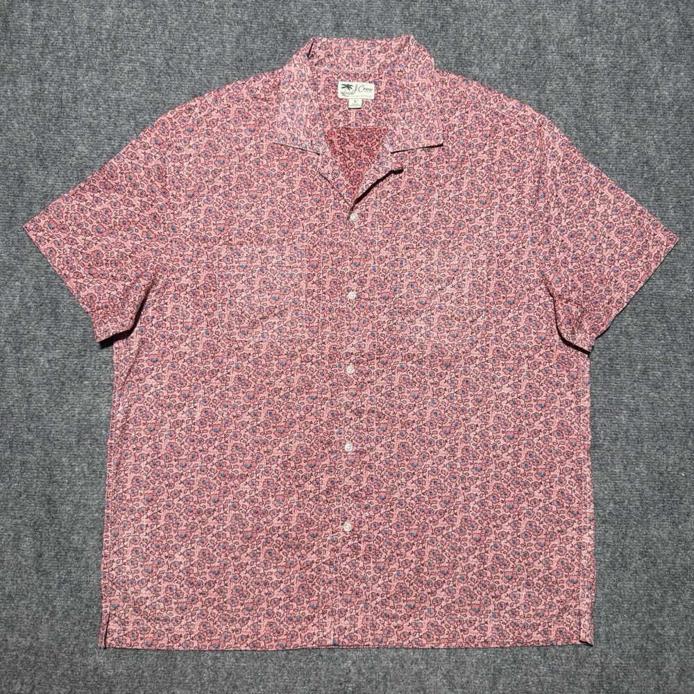 J Crew Camp Shirt Men Large Pink Floral AOP Cotton Loop Collar Short Sleeve
